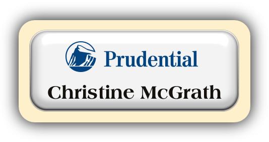 Metal Name Tag: White Metal Name Tag with a Ivory Plastic Border and Epoxy