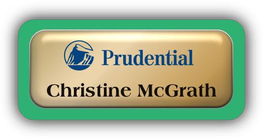 Metal Name Tag: Shiny Gold Metal Name Tag with a Bright Green Plastic Border and Epoxy