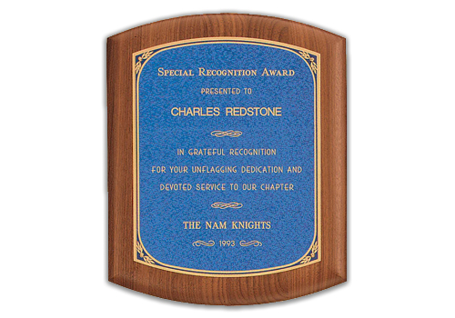 7 1/2 x 8 1/2" Walnut Stained Piano-Finish Plaque with Sapphire Marble Center