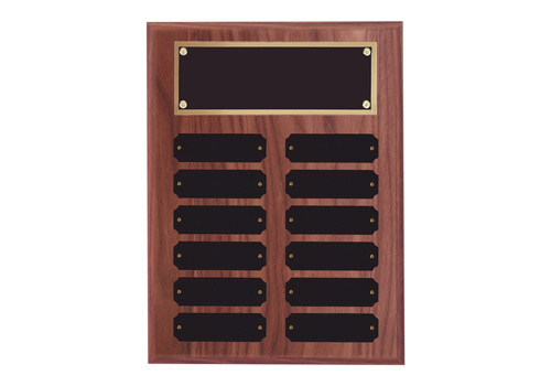 9 x 12" Walnut Perp. Plaque, Black w/Gold border header plate, black p. plates