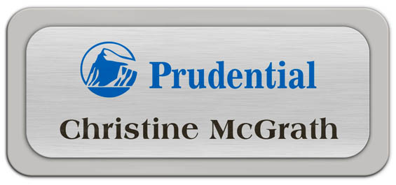 Metal Name Tag: Brushed Silver Metal Name Tag with a Pearl Grey Plastic Border