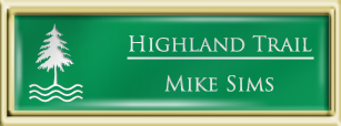 Framed Name Tag: Gold Plastic (squared corners) - Kelley Green and White Plastic Insert with Epoxy