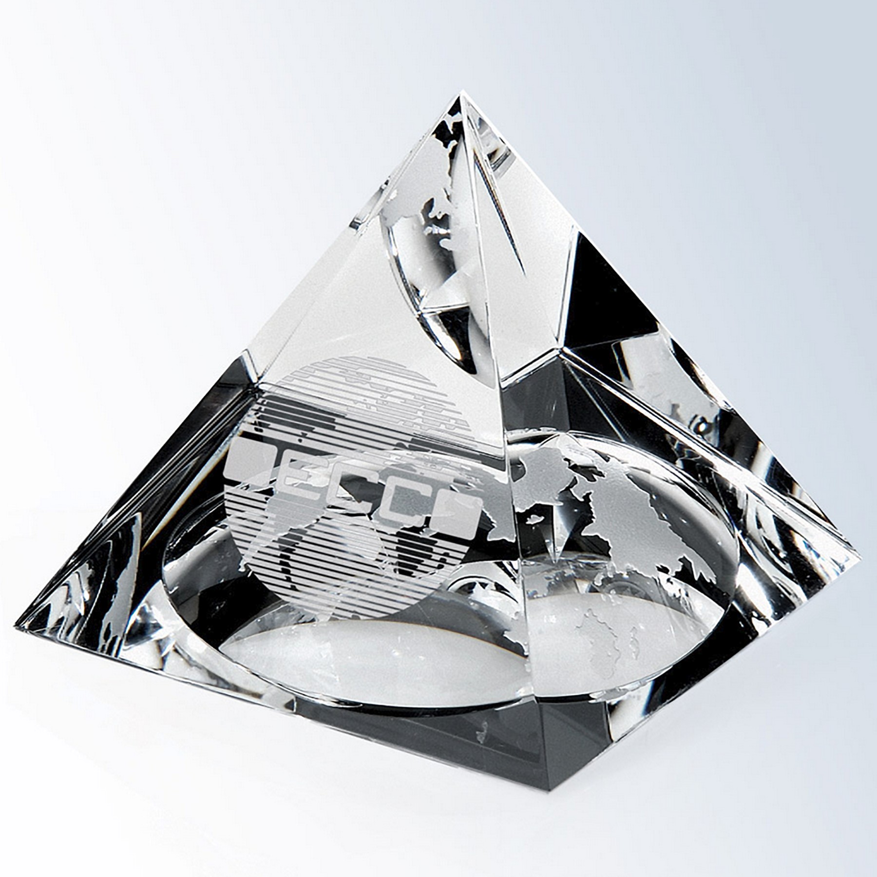 2" x 2" Globe Pyramid Optic Crystal Paperweight