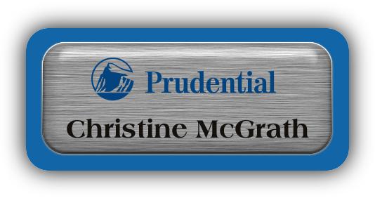 Metal Name Tag: Brushed Silver Metal Name Tag with a Blue Plastic Border and Epoxy