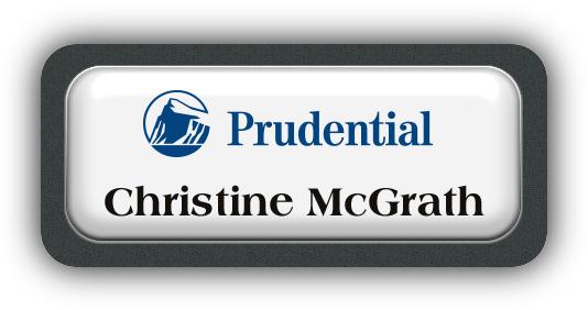 Metal Name Tag: White Metal Name Tag with a Graphite Plastic Border and Epoxy