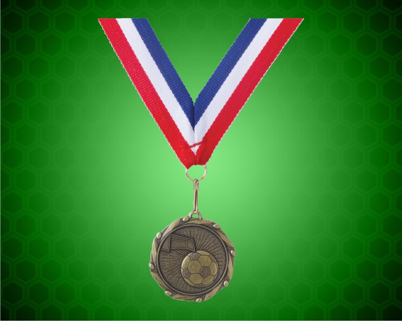 Gold Soccer Medal with a 7/8 x 32 inch Red, White, and Blue Ribbon