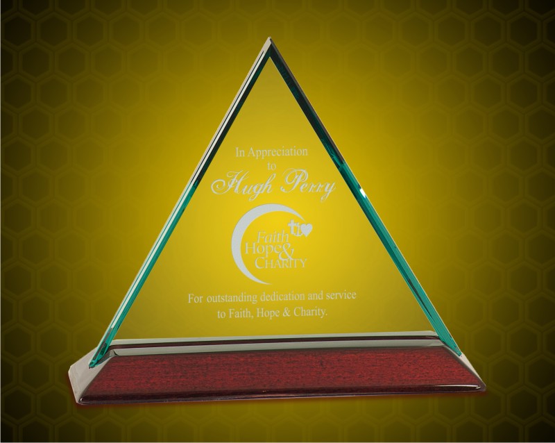 6 inch Beveled Triangle Jade Glass Award with Piano Finish Base