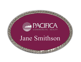 Silver Oval Framed Bling Name Tag with a Claret with White plastic insert