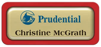 Metal Name Tag: Shiny Gold Metal Name Tag with a Red Plastic Border and Epoxy