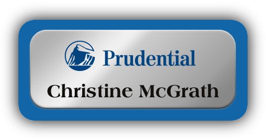 Metal Name Tag: Shiny Silver Metal Name Tag with a Blue Plastic Border