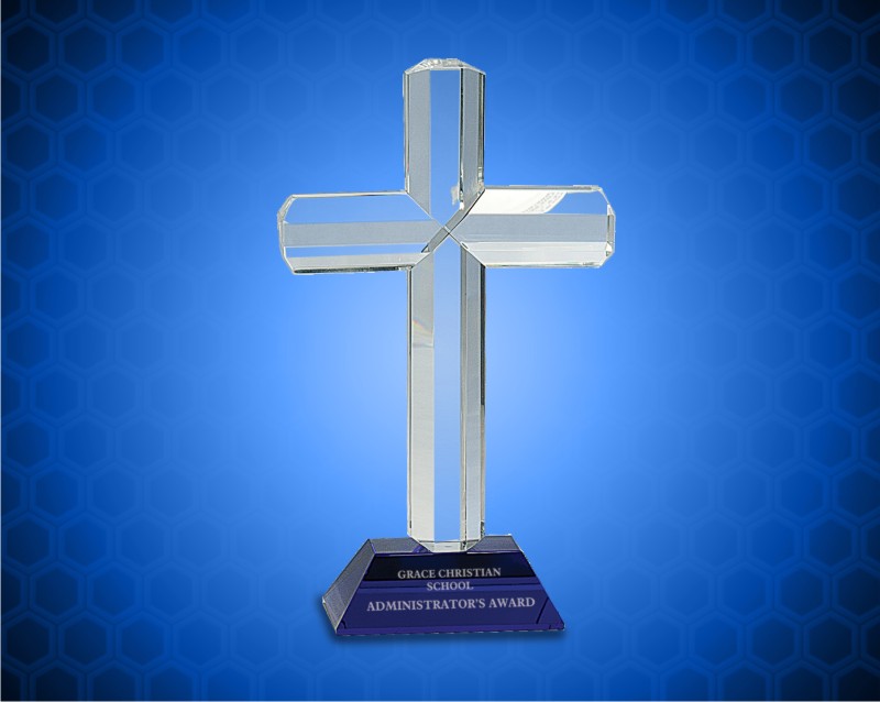 8 1/2 inch Crystal Cross on Blue Pedestal Base