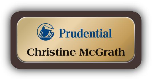 Metal Name Tag: Shiny Gold Metal Name Tag with a Dark Brown Plastic Border
