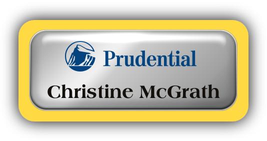 Metal Name Tag: Shiny Silver Metal Name Tag with a Yellow Plastic Border and Epoxy