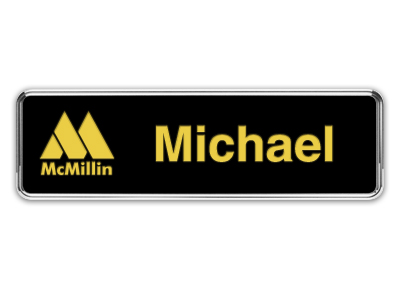 Silver Metal Framed Nametag with Black and Gold Plastic Tag