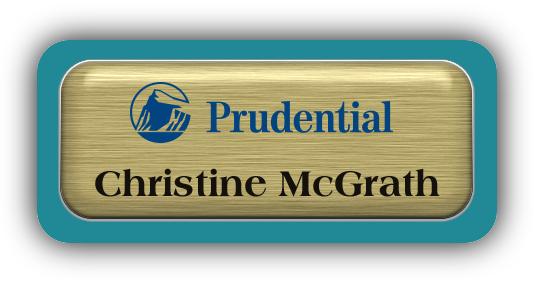 Metal Name Tag: Brushed Gold Metal Name Tag with a Bahama Blue Plastic Border and Epoxy