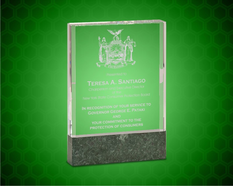 5 x 7 Inch Clear Fusion Crystal Award With Genuine Green Marble Base