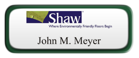 Metal Name Tag: White with Green Metal Border