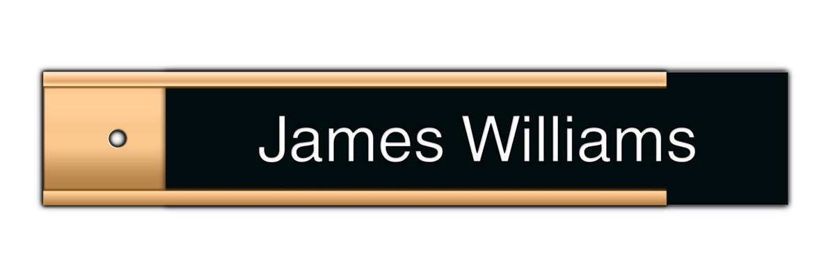 Black Plastic Plate with White on Gold Wall Plate Holder at Name Tag Country