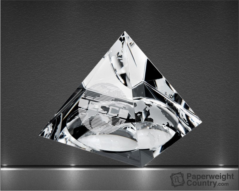 2" x 2" Globe Pyramid Optic Crystal Paperweight