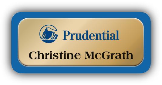 Metal Name Tag: Shiny Gold Metal Name Tag with a Blue Plastic Border