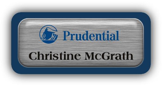 Metal Name Tag: Brushed Silver Metal Name Tag with a Marine Blue Plastic Border and Epoxy