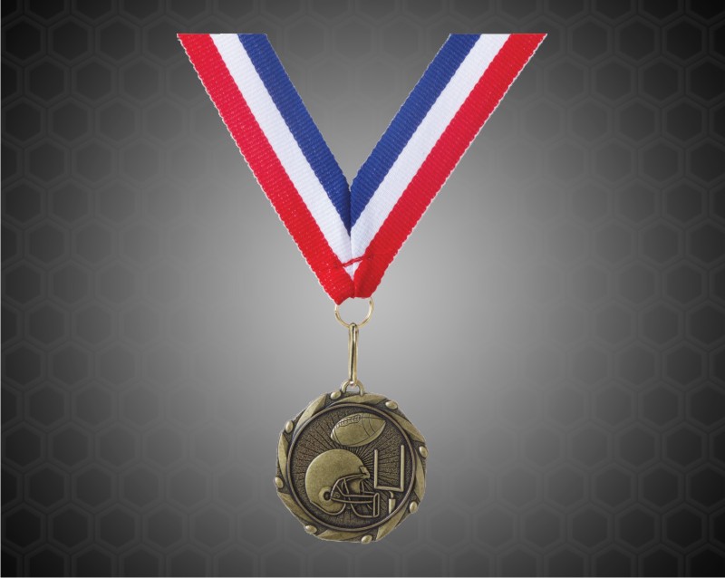 Gold Football Medal with a 7/8 x 32 inch Red, White, and Blue Ribbon