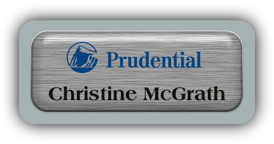 Metal Name Tag: Brushed Silver Metal Name Tag with a Grey Plastic Border and Epoxy