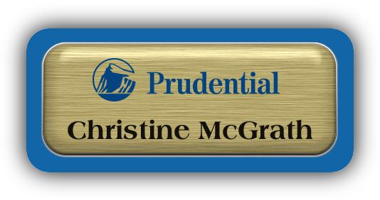 Metal Name Tag: Brushed Gold Metal Name Tag with a Blue Plastic Border and Epoxy