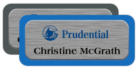 Brushed Silver Metal Name Tags with Plastic Borders