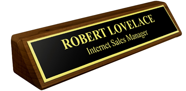 Solid Walnut Desk Plate - Black Metal Plate with Gold Engraving and Shiny Gold Border