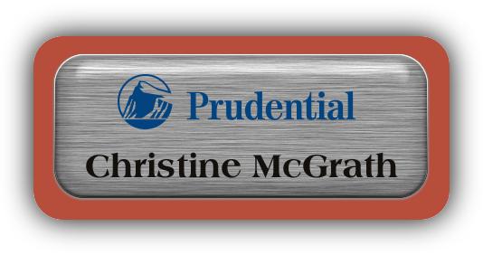 Metal Name Tag: Brushed Silver Metal Name Tag with a Canyon Plastic Border and Epoxy