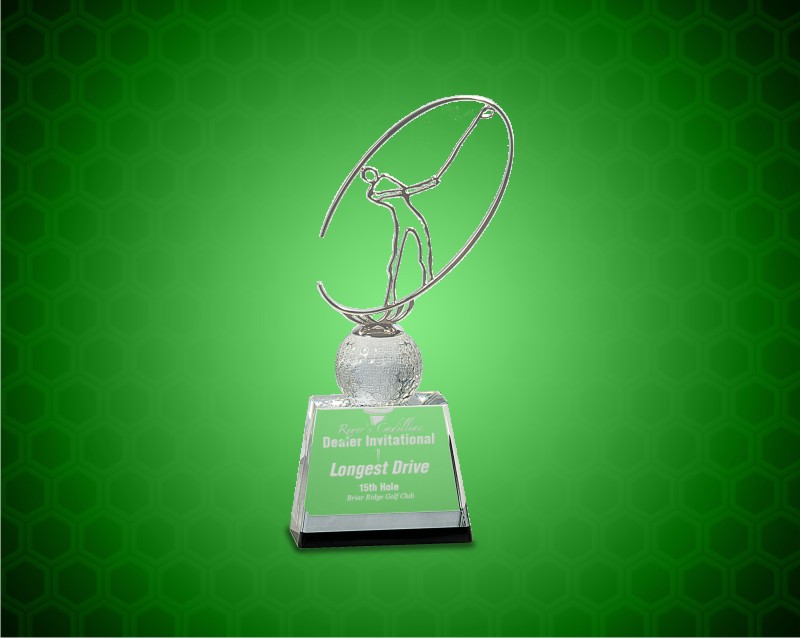 10 inch Clear/Black Crystal Golf Award with Silver Metal Oval Figure