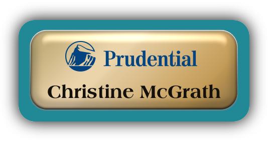 Metal Name Tag: Shiny Gold Metal Name Tag with a Bahama Blue Plastic Border and Epoxy