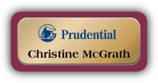 Metal Name Tag: Shiny Gold Metal Name Tag with a Burgundy Plastic Border