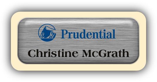 Metal Name Tag: Brushed Silver Metal Name Tag with an Antique Ivory Plastic Border and Epoxy
