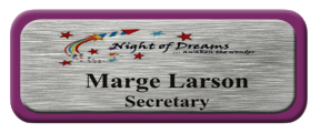 Metal Name Tag: Brushed Silver with Shiny Purple Metal Border