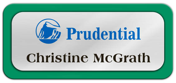 Metal Name Tag: Shiny Silver Metal Name Tag with a Bright Green Plastic Border