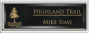 Framed Name Tag: Silver Plastic (squared corners) - Black and Gold Plastic Insert with Epoxy