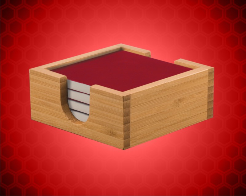 4 x 4 Inch Square Red Laserable Coaster With Bamboo Holder