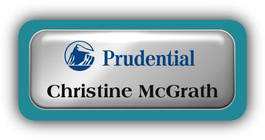 Metal Name Tag: Shiny Silver Metal Name Tag with a Bahama Blue Plastic Border and Epoxy
