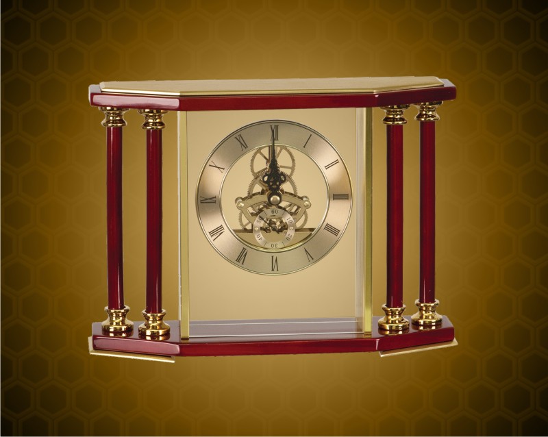 7 1/4 inch Rosewood/Gold Executive 4 Pillar Piano Finish Clock