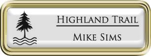 Framed Name Tag: Gold Plastic (rounded corners) - Black and White Plastic Insert with Epoxy