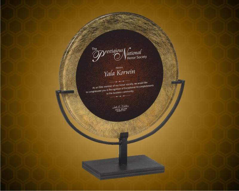 11 inch Gold/Burgundy Round Acrylic Art Plaque with Iron Stand
