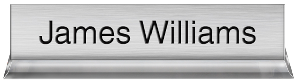 Brushed Aluminum Plastic Plate with Black Text, Clear Acrylic Base