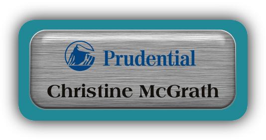 Metal Name Tag: Brushed Silver Metal Name Tag with a Bahama Blue Plastic Border and Epoxy