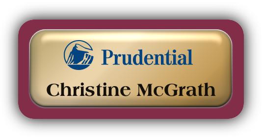 Metal Name Tag: Shiny Gold Metal Name Tag with a Burgundy Plastic Border and Epoxy