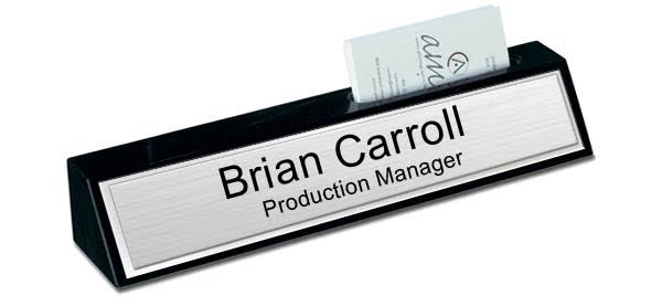 Black Marble Desk Name Plate with Card Holder - Brushed Silver with Shiny Silver Border