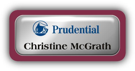 Metal Name Tag: Shiny Silver Metal Name Tag with a Burgundy Plastic Border and Epoxy