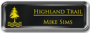 Framed Name Tag: Silver Metal (rounded corners) - Black and Yellow Plastic Insert with Epoxy