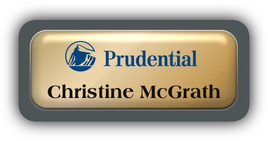 Metal Name Tag: Shiny Gold Metal Name Tag with a Charcoal Grey Plastic Border and Epoxy